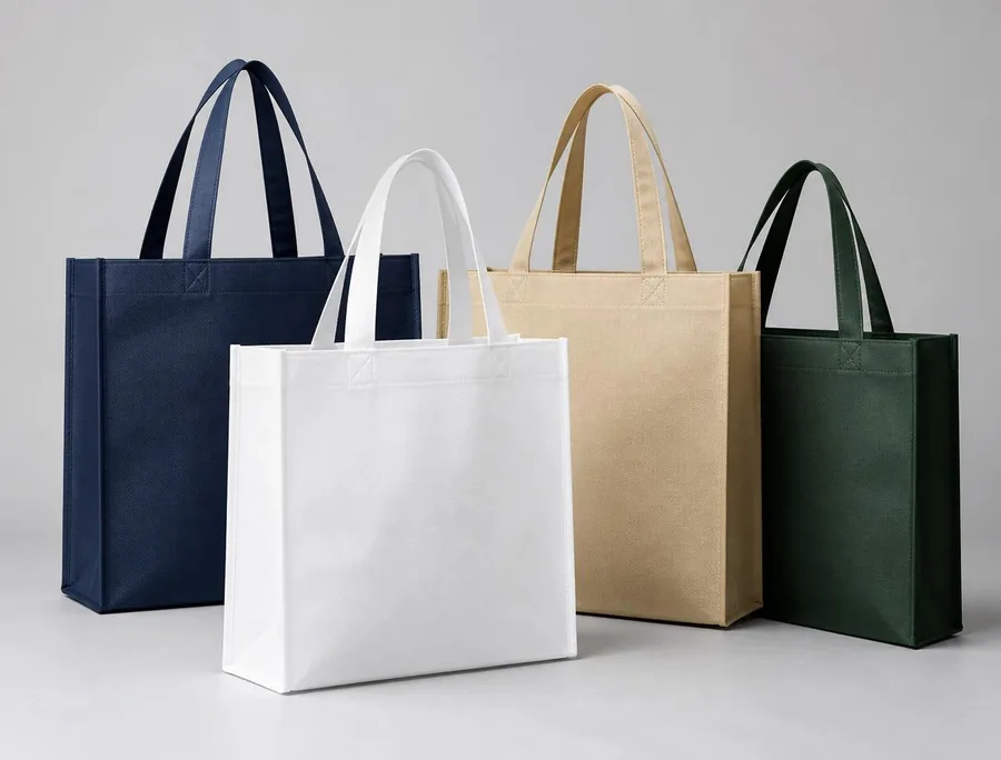 Set of reusable nonwoven tote bags in navy, white, beige and green with reinforced handles, manufactured by SGI Packaging in Ajman, UAE