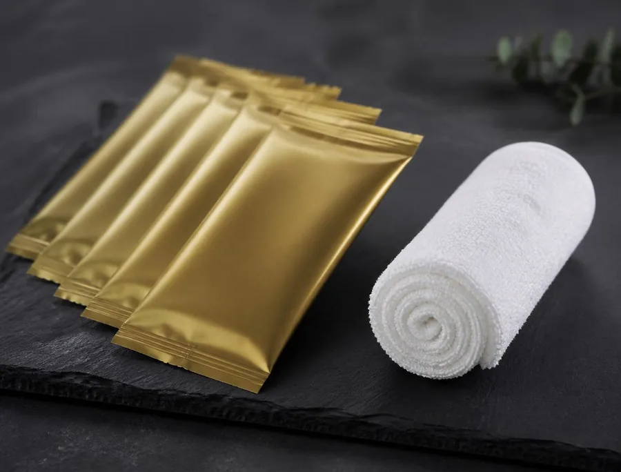 Individually sealed gold foil wet towel sachets beside a folded white cotton refreshing towel for hotels, restaurants and airlines