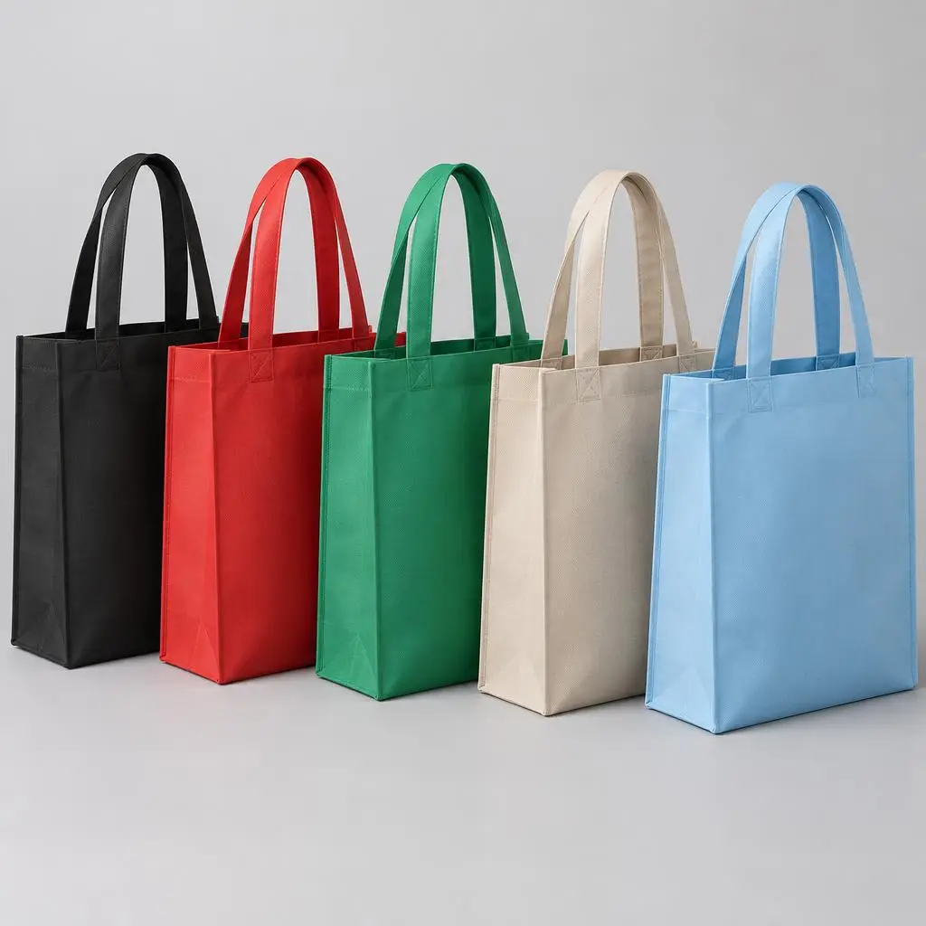 Range of plain nonwoven tote bags in black, red, green, beige and light blue