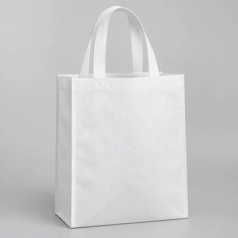 Medium white nonwoven polypropylene tote bag with flat handles and side gusset