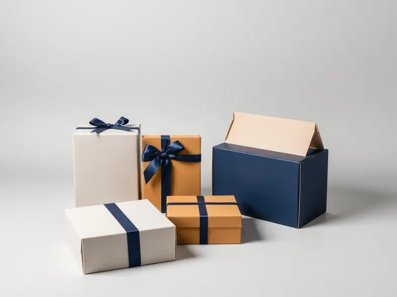 Group of custom rigid gift boxes, corrugated mailers and printed sleeve boxes in navy and kraft, produced by SGI Packaging in Ajman, UAE
