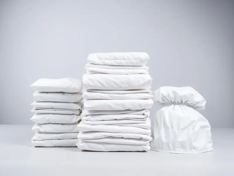 Stacks of individually wrapped single-use hygiene disposables including nonwoven caps and folded covers, supplied by SGI Packaging in Ajman, UAE