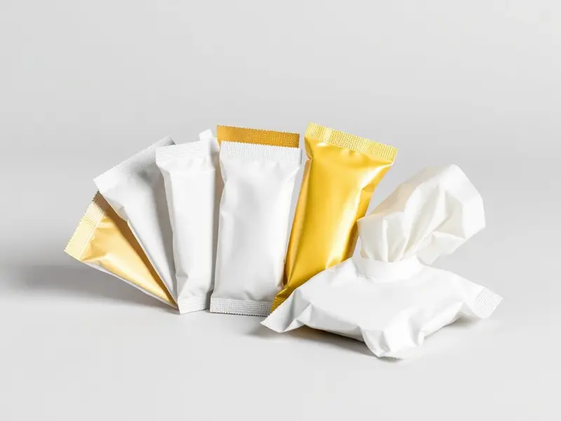 Fanned white and gold foil sachets of refreshing face wet wipes with one opened sachet, private-label packed by SGI Packaging in Ajman, UAE