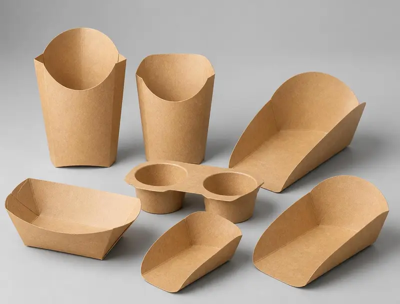 Set of kraft paper french fry scoops, snack trays and a dual dip-holder tray for quick-service kitchens