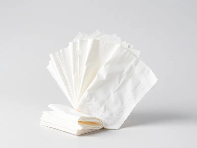Fanned stack of white dinner and cocktail-fold paper napkins, supplied by SGI Packaging in Ajman, UAE