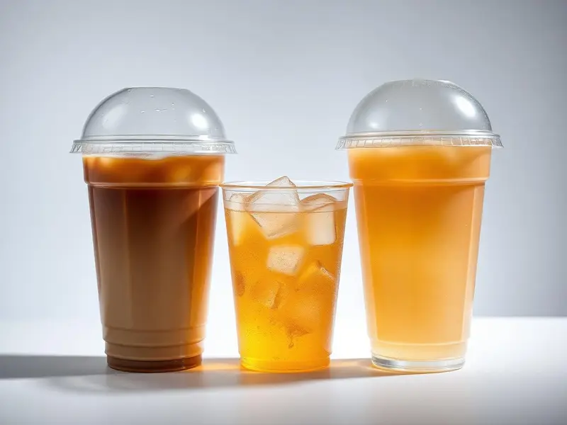 Clear PET cold drink cups with dome lids filled with iced coffee and iced tea, supplied by SGI Packaging in Ajman, UAE