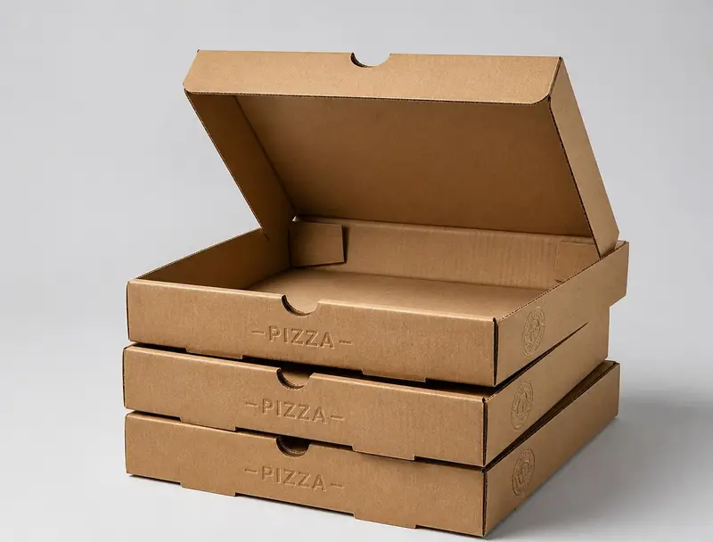 Stack of corrugated kraft pizza boxes with one lid open, supplied by SGI Packaging in Ajman, UAE