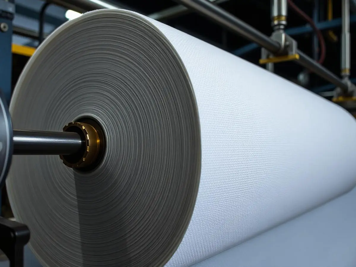 Spunlace nonwoven rolls on a converting line at SGI Packaging, available in 70/30 and 80/20 polyester-viscose blends from 40 to 60 GSM