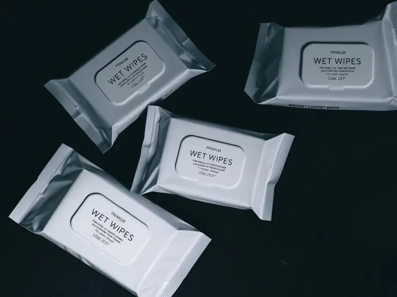 Rolls of wet wipe base substrate beside finished soft-pack wet wipes, produced by SGI Packaging L.L.C. in Ajman, UAE