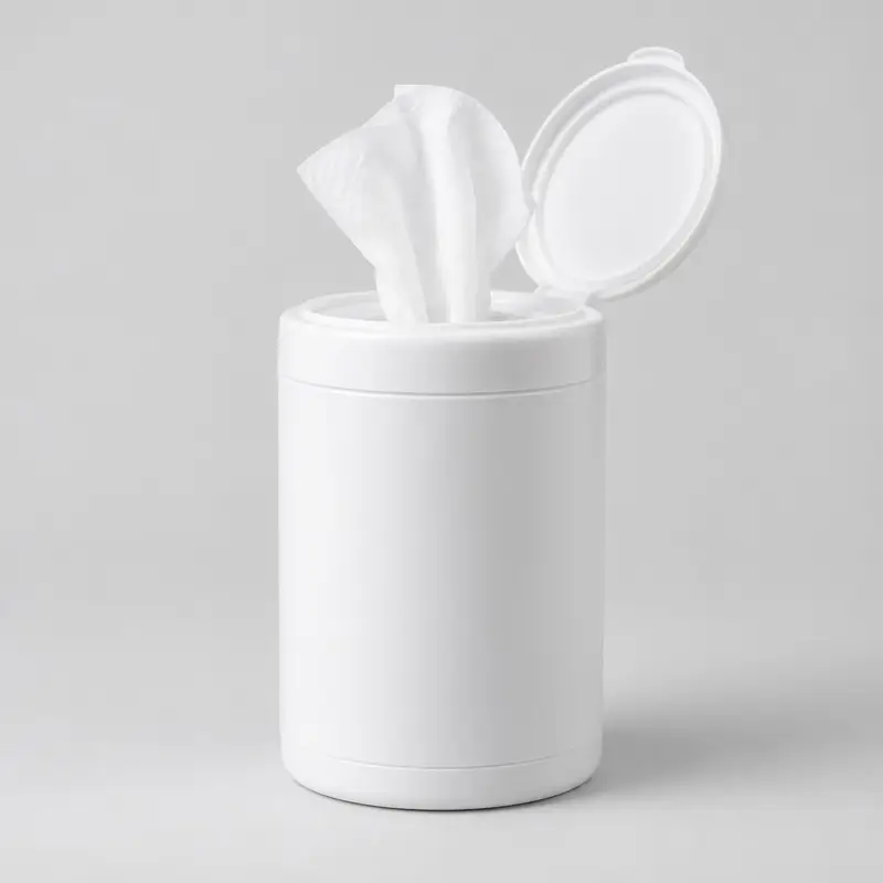 Plain white cylindrical wet wipes canister with the lid open and one wipe pulled out