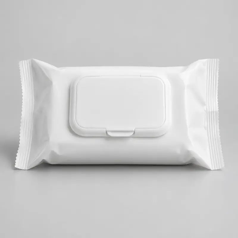 Plain white resealable wet wipes flow pack with a plastic flip-top lid