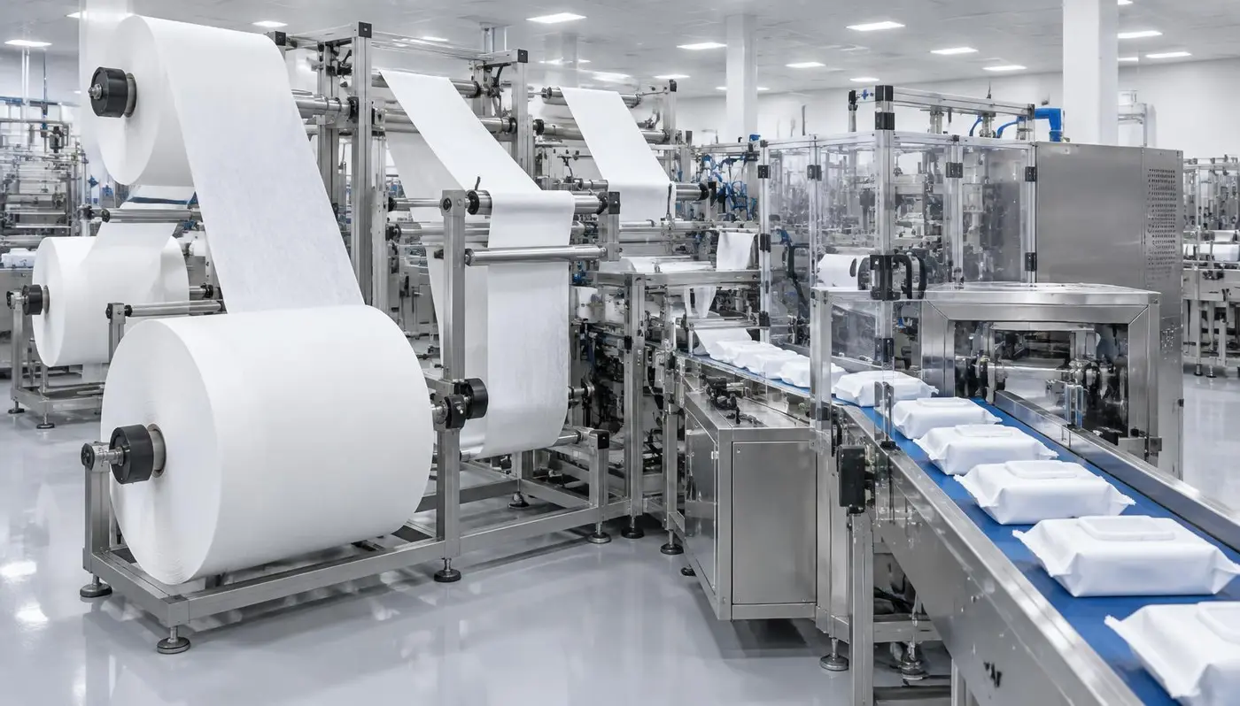 Wet wipes converting and packaging line with spunlace nonwoven rolls in a clean production facility