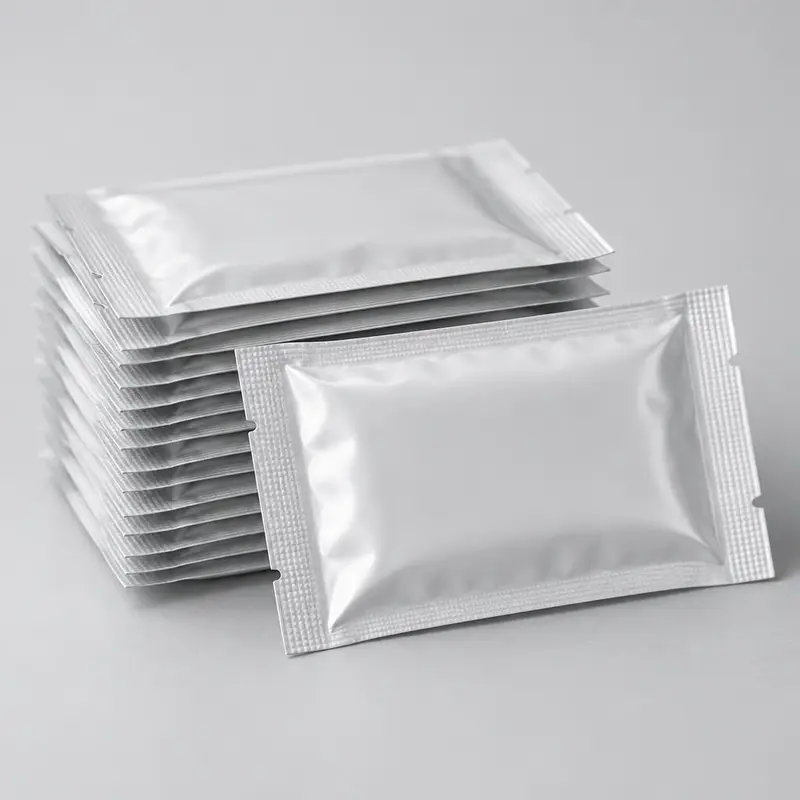 Stack of individually foil-wrapped single wet wipe sachets